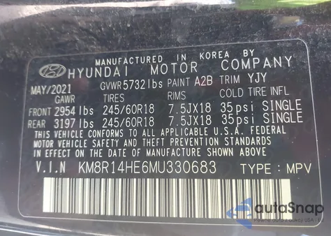 2021 Hyundai Palisade Se from USA, damaged, VIN KM8R14HE6MU330683